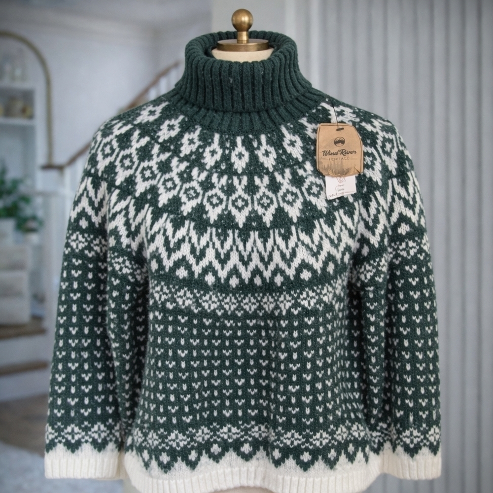 Wind River Heritage Fair Isle Turtleneck Sweater orest Green & White BNWT